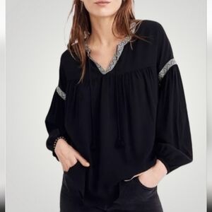 Madewell Black‎ Embroidered Blouson-Sleeve Peasant Top Size Medium